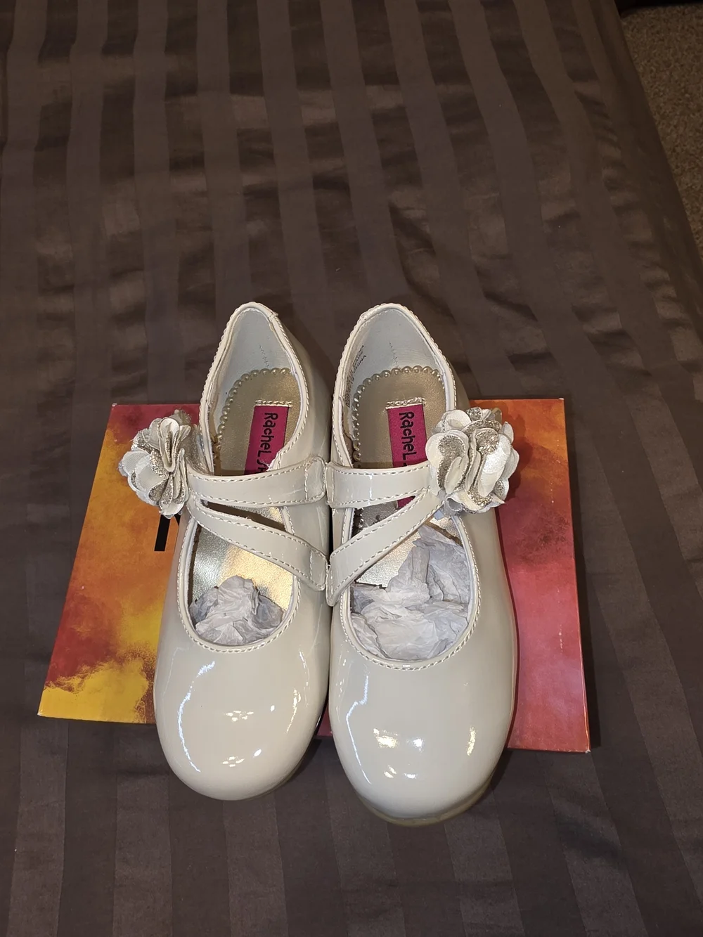 Rachel Cream Patent Mary Jane Shoes with Flower Strap